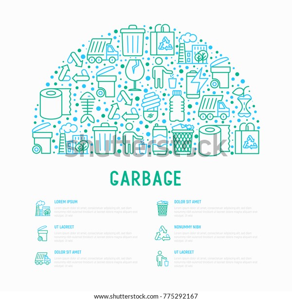 Garbage concept in half circle with thin line\
icons: garbage bin, organic trash, garbage truck, glass, recycled\
paper, aluminium, battery, plastic bottle. Modern vector\
illustration for web\
page.