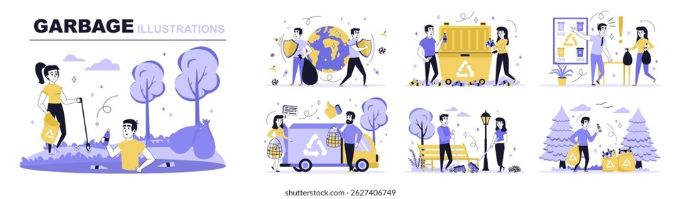 Garbage concept set in flat web design. Collection with people cleaning park, picking trash, sorting waste, recycling and helping planet nature. Flat vector illustration isolated on white background.