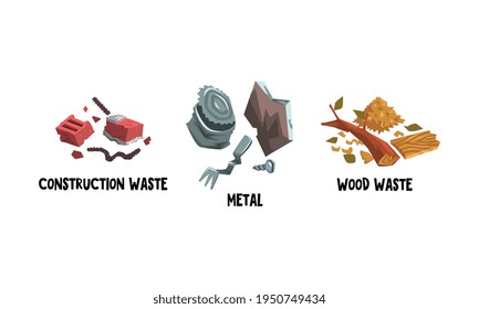 Garbage with Construction Waste, Metal and Wood Waste Vector Set