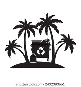 Garbage container among palm trees on the beach for the Coastal Cleanup theme