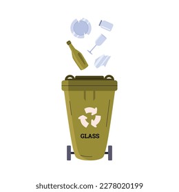 Garbage container for glass recycle, flat vector illustration isolated on white background. Waste bin with glass bottle and plate. Concepts of environmental preservation and garbage separation.