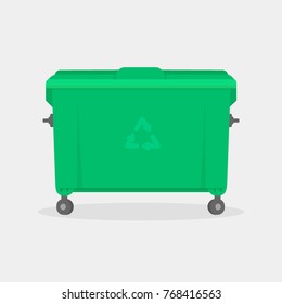 Garbage container. Green trash dumpster vector illustration isolated on white background with shadow. Trash recycling concept