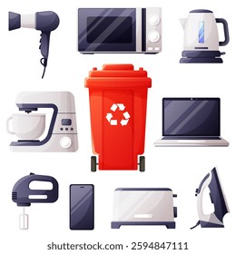 Garbage container for household waste. Recycling of electronics and household appliances, management of electronic waste, used technologies, environmental pollution, landfill of electrical waste.