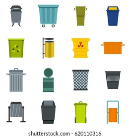 Garbage container icons set in flat style isolated vector illustration