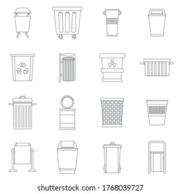 Garbage container icons set. Outline illustration of 16 garbage container vector icons for web