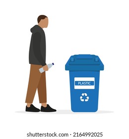 Garbage container for plastic and a male character with a plastic bottle in his hand on a white background