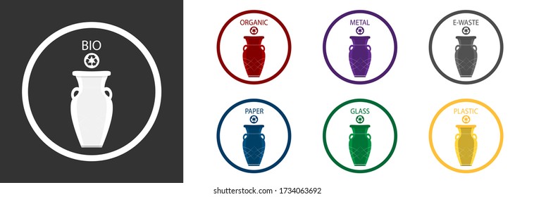 Contenedor de basura y signo de reciclaje. Icono de diferentes colores sobre fondo blanco.