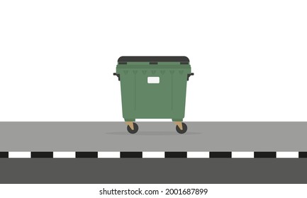Garbage container stands on the sidewalk on a white background