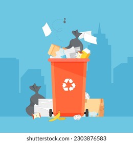 Garbage container with unsorted trash against the backdrop city. Pile of wastes. Bags full of rubbish near the dust bin. Vector illustration in trendy flat style isolated.