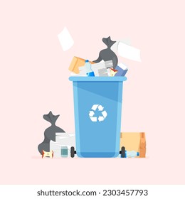 Garbage container with unsorted trash. Pile of wastes. Bags full of rubbish near the dust bin. Vector illustration in trendy flat style isolated.