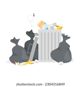 Garbage container with unsorted trash. Pile of wastes. Bags full of rubbish near the dust bin. Vector illustration in trendy flat style isolated on white background.