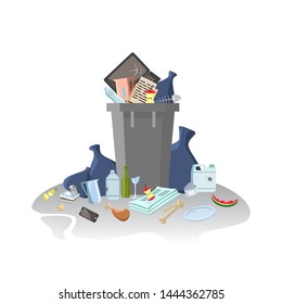 Garbage container with unsorted trash. Rubbish and trash bags lying around dump. Waste managment Pile of Smelling Decaying Garbage Left Lying Around. Isolated on white. Vector illustration