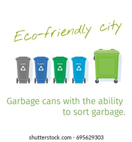 Garbage containers with the ability to sort garbage. Recycling garbage cans. Vector illustration.