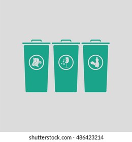 Garbage containers with separated trash icon. Gray background with green. Vector illustration.