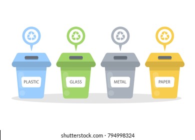 Garbage containers set. Paper and glass, metal and plastic.