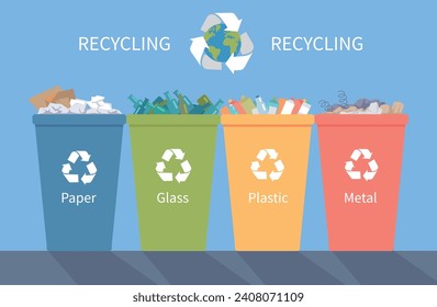 Contenedores de basura y símbolo de reciclaje
