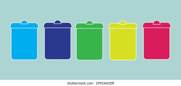 Contenedores de basura para la clasificación de residuos. Cañones de basura plásticos de colores. Diseño plano.
