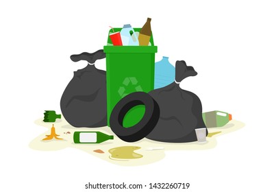 Garbage containers and trash bags littering street. Unsorted waste. Vector flat illustration isolated on white background.