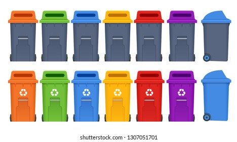 Garbage containers and types of trash. Recycle, recycled paper, food, waste, e-waste, organic, paper, metal. Vector isolated illustration