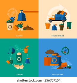 Garbage Design Concept Set With Cleaning Collect And Recycling Plant Flat Icons Isolated Vector Illustration