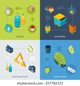 Garbage design concept set with scavengery clean and green waste recycling isometric icons isolated vector illustration