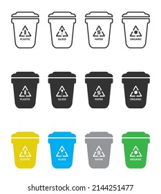 Garbage different types icons. Waste separation. Separate Eco-friendly waste bins. Different colors and recycling sign, glass, paper, organic, plastic icon. Flat vector illustration. 