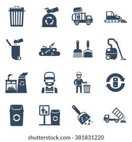 Garbage disposal black icons set with cleaner garbage can recycling plant isolated vector illustration