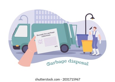 Garbage Disposal Composition With Utility Service Worker Truck Receipt Vector Illustration