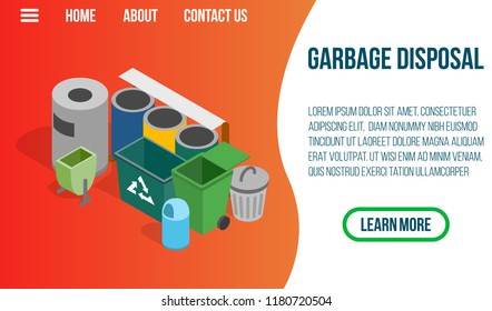 Garbage disposal concept banner. Isometric banner of garbage disposal vector concept for web, giftcard and postcard