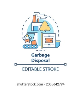 Garbage disposal concept icon. Waste management process abstract idea thin line illustration. Waste recycling plant. Trash reprocess. Vector isolated outline color drawing. Editable stroke