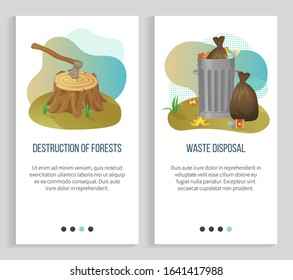 Garbage disposal and destruction of forests vector, ecological problems of planet, big with trash in bags, waste and bulky items, ax deforestation. Website or slider app, landing page flat style
