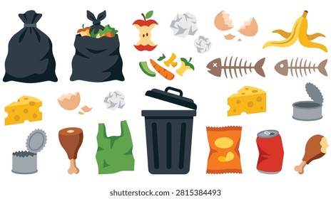 Garbage disposal elements set featuring black trash bags plastic bin organic food scraps metal cans paper waste and recycling objects icons.