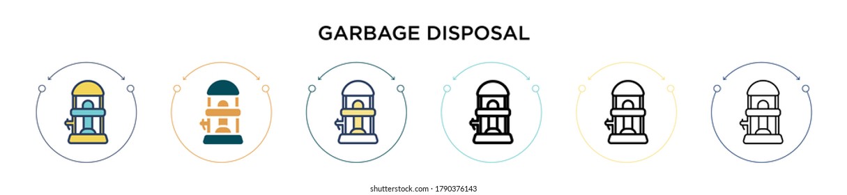 Garbage disposal icon in filled, thin line, outline and stroke style. Vector illustration of two colored and black garbage disposal vector icons designs can be used for mobile, ui, web