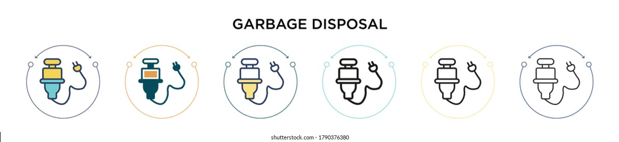 Garbage disposal icon in filled, thin line, outline and stroke style. Vector illustration of two colored and black garbage disposal vector icons designs can be used for mobile, ui, web