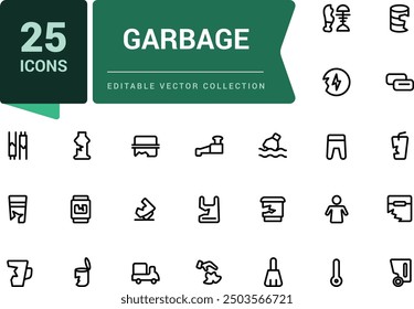 Garbage disposal icon set. Waste sorting. Pixel perfect, minimalistic outline icons collection. Editable vector illustration.