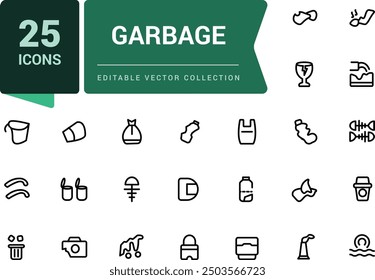 Garbage disposal icon set. Waste sorting. Pixel perfect, minimalistic outline icons collection. Editable vector illustration.