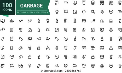 Garbage disposal icon set. Waste sorting. Pixel perfect, minimalistic outline icons collection. Editable vector illustration.
