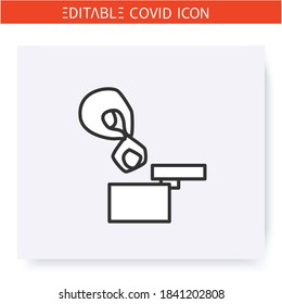 Garbage disposal line icon.Throwing a waste from the sampling kit to trash can. Coronavirus home testing tutorial. Flu, DNA or covid diagnostic equipment. Isolated vector illustration.Editable stroke