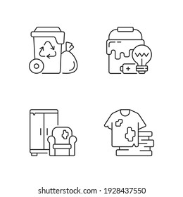 Garbage disposal linear icons set. Residential waste collection. Solid materials. Bulky refuse. Fashion. Customizable thin line contour symbols. Isolated vector outline illustrations. Editable stroke