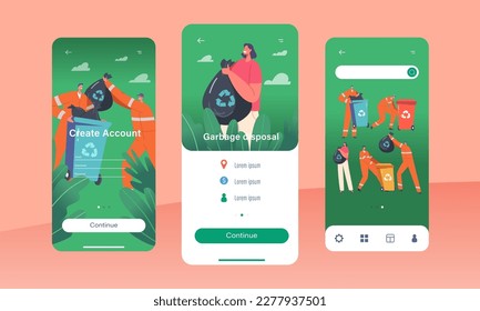 Garbage Disposal Mobile App Page Onboard Screen Template. Scavengers Collect Litter To Bins, Woman Throw Rubbish