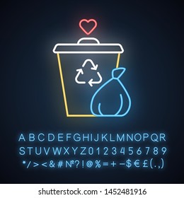 Garbage disposal neon light icon. Waste management volunteer program. Social activity for trash collection. Glowing sign with alphabet, numbers and symbols. Vector isolated illustration