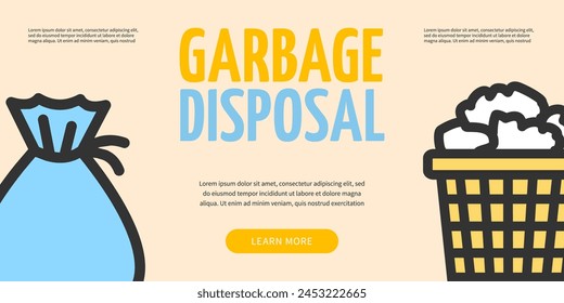 Garbage Disposal Recycle Concept Horizontal Placard Poster Banner Card. Vector illustration of Bin and Plastic Trash Bag