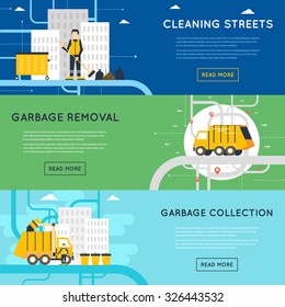 Garbage disposal, sanitary works, employees of garbage collection, cleaning, sorting, processing and recycling of garbage. Flat design vector illustration. 3 banners.