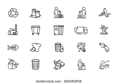 Garbage disposal. Garbage separation, waste sorting with further recycling. Vector icons with editable lines for posters and infographics.