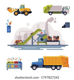 Garbage Disposal Set, Waste Collection, Transportation Sorting and Recycling Flat Style Vector Illustration