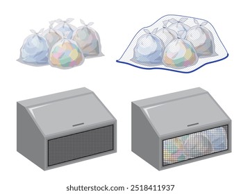 Garbage disposal site net and garbage station illustration set