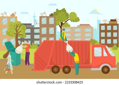 Garbage disposal at street, removal container with waste vector illustration. Worker refuse bin at truck, recycling collector service.