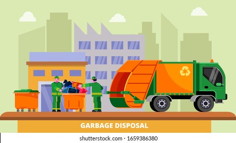 Garbage disposal truck dustcart, dumpsters and two scavengers janitors people sorting and collecting trash can, vector illustration. Waste removal recycling concept. City buildings background.