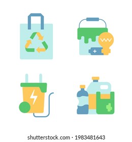 Garbage disposal vector flat color icon set. Recycling and trash management. Environmental protection, zero waste. Cartoon style clip art for mobile app pack. Isolated RGB illustration bundle