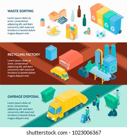 Garbage disposal waste sorting and recycling factory 3 horizontal isometric banners with infographic elements  isolated vector illustration 